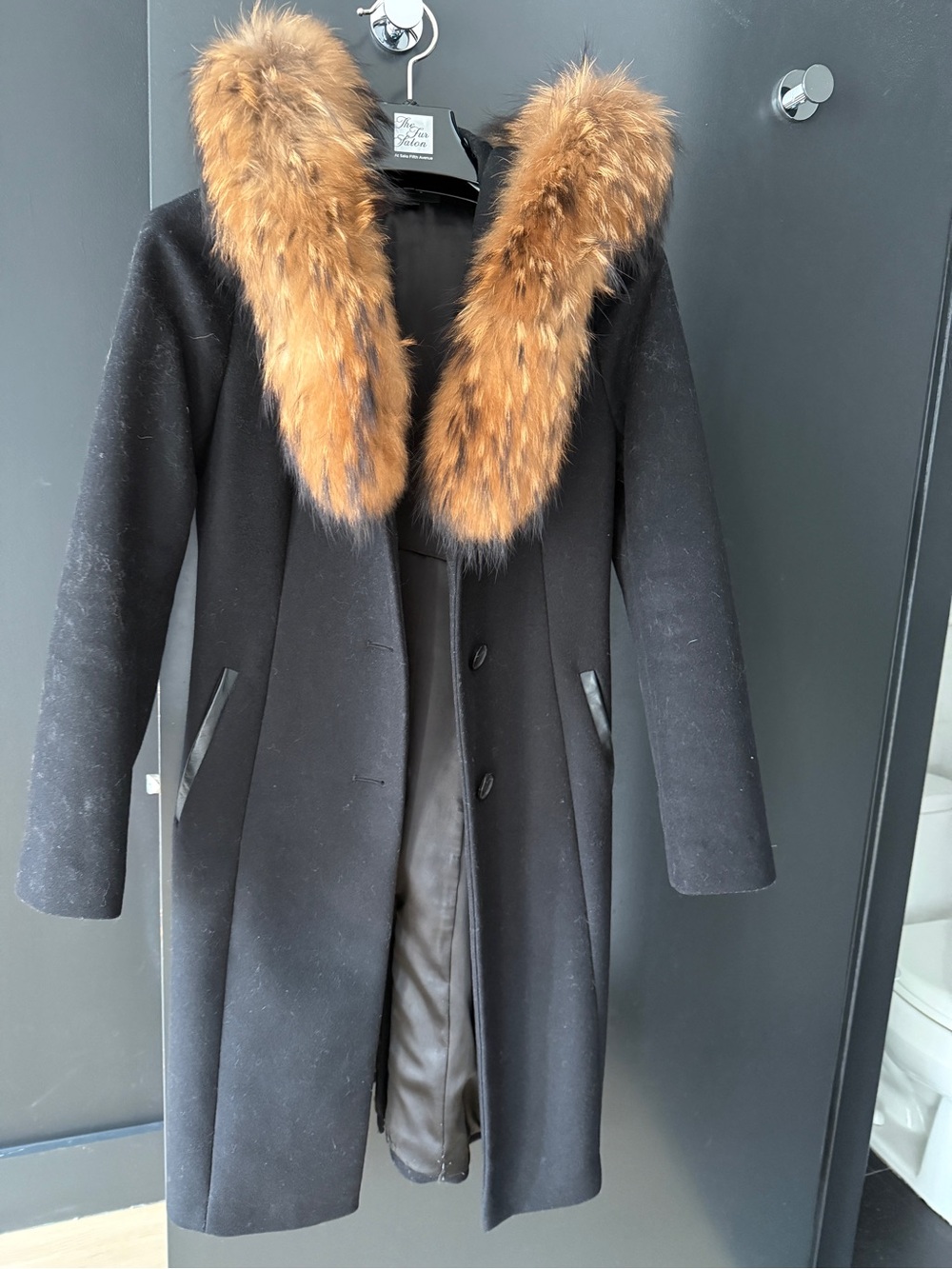 Mackage Black Wool Trench Coat with Brown Fur Collar